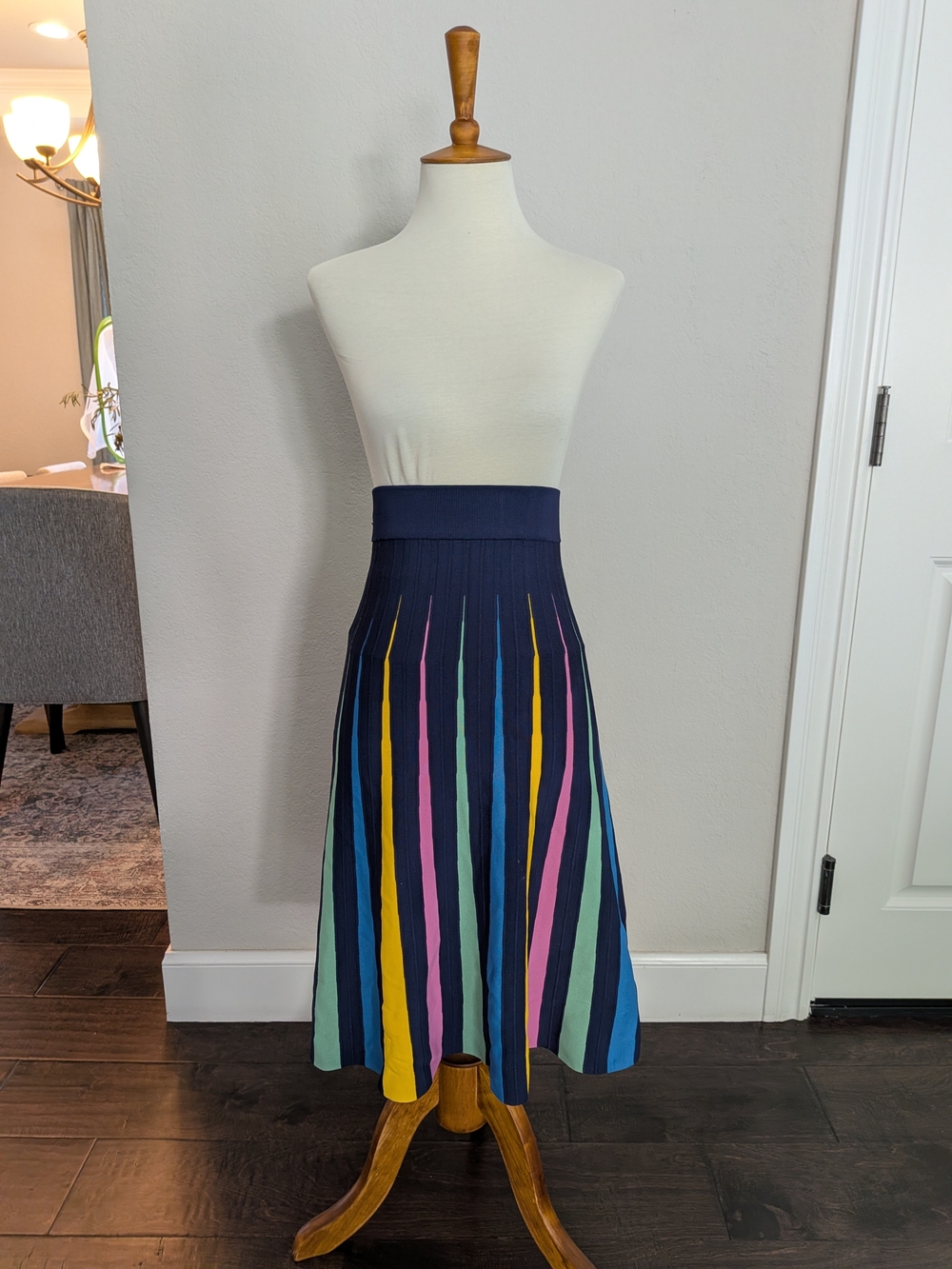 Anthropologie Maeve Stretch Navy Rainbow Midi Skirt